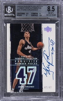 2003-04 UD "Exquisite Collection" Number Piece Autographs #AK Andrei Kirilenko Signed Game Used Patch Card (#47/47) - BGS NM-MT+ 8.5/10